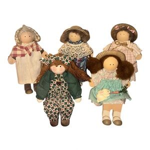 Lot Of 5 Vintage 80s Lizzie High Wooden Dolls, 3 Standing 2 Sitting Folk Art